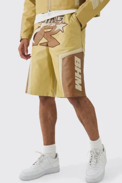 Elasticated Waist Pu Moto Jorts In Camel | BoohooMAN UK