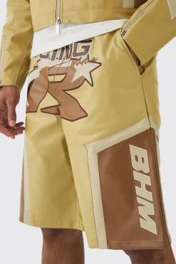 Elasticated Waist Pu Moto Jorts In Camel | BoohooMAN UK