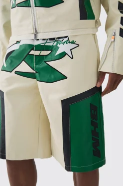 Elasticated Waist Pu Moto Jorts In Ecru | BoohooMAN UK
