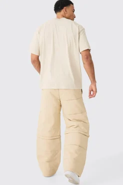 Elasticated Waist Quilted Zip Off Wide Leg Trousers | BoohooMAN UK