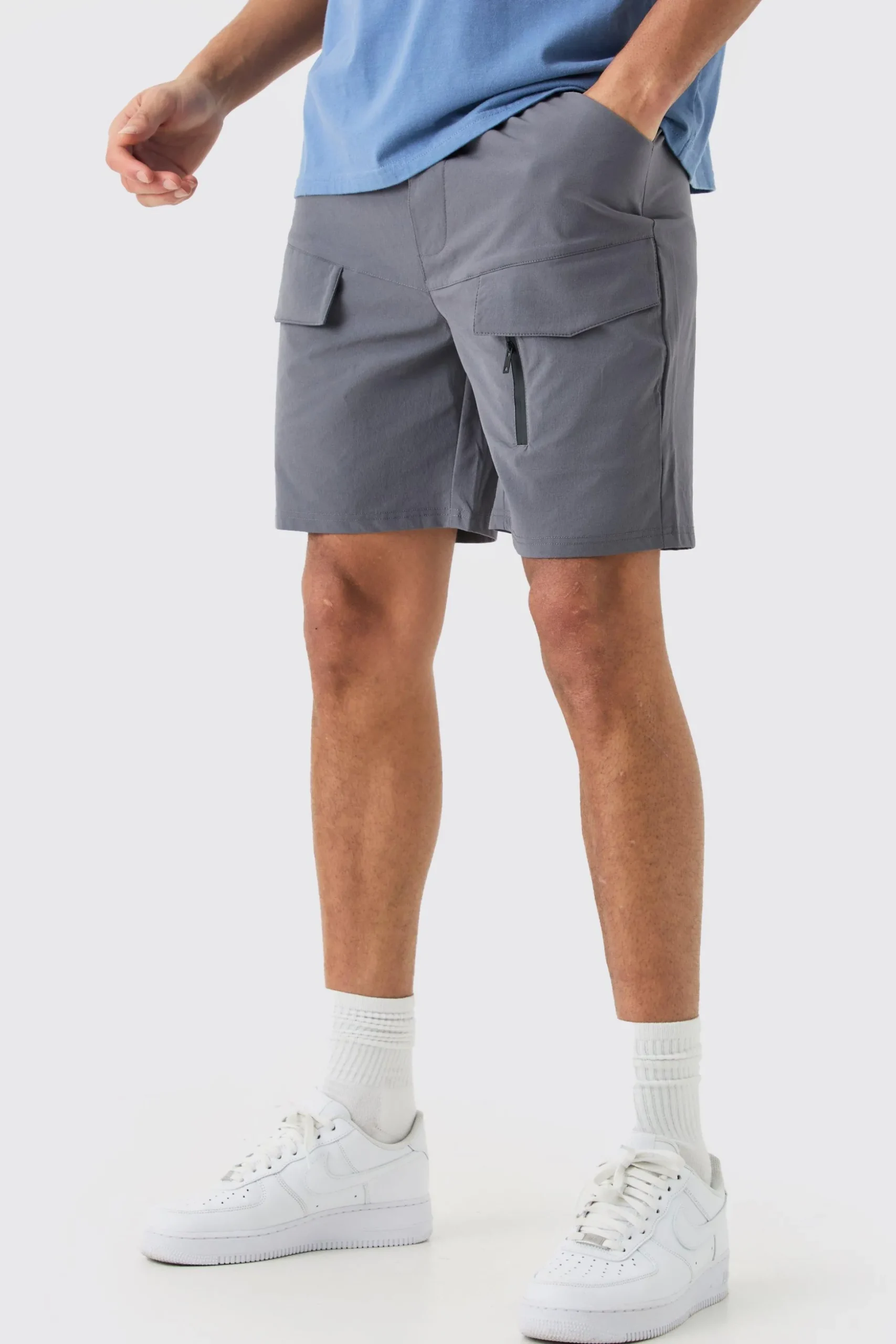 Elasticated Waist Relaxed Technical Stretch Cargo With Zip | BoohooMAN UK