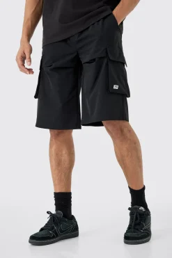Elasticated Waist Relaxed Technical Stretch Short With Branding | BoohooMAN UK