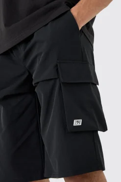 Elasticated Waist Relaxed Technical Stretch Short With Branding | BoohooMAN UK