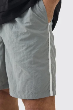 Elasticated Waist Relaxed Side Piping Shell Short Shorts In Grey | BoohooMAN UK