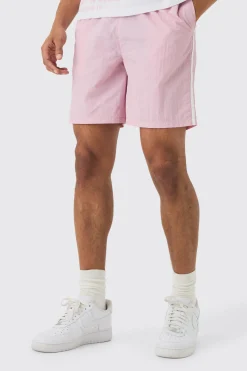 Elasticated Waist Relaxed Side Piping Shell Short Shorts In Pink | BoohooMAN UK