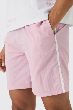 Elasticated Waist Relaxed Side Piping Shell Short Shorts In Pink | BoohooMAN UK