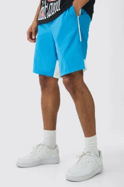 Elasticated Waist Relaxed Side Stripe Shell Long Shorts In Blue | BoohooMAN UK