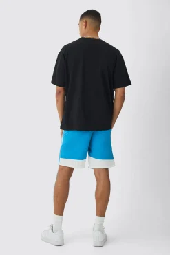 Elasticated Waist Relaxed Side Stripe Shell Long Shorts In Blue | BoohooMAN UK