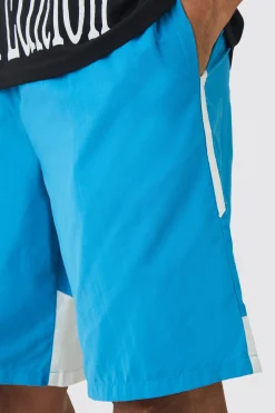 Elasticated Waist Relaxed Side Stripe Shell Long Shorts In Blue | BoohooMAN UK