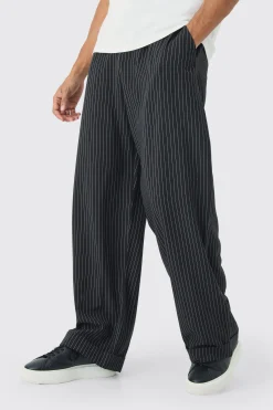 Elasticated Waist Relaxed Pinstripe Turn Up Hem Trousers | BoohooMAN UK