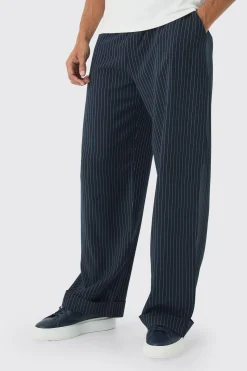 Elasticated Waist Relaxed Pinstripe Turn Up Hem Trousers | BoohooMAN UK