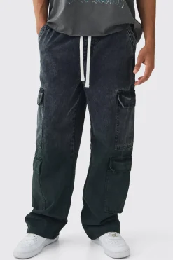Elasticated Waist Relaxed Rigid Ombre Cargo Denim Jeans | BoohooMAN UK