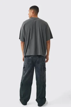 Elasticated Waist Relaxed Rigid Ombre Cargo Denim Jeans | BoohooMAN UK