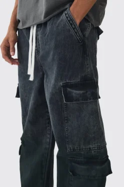 Elasticated Waist Relaxed Rigid Ombre Cargo Denim Jeans | BoohooMAN UK