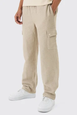 Elasticated Waist Relaxed Herringbone Textured Cargo Trousers | BoohooMAN UK