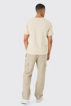 Elasticated Waist Relaxed Herringbone Textured Cargo Trousers | BoohooMAN UK