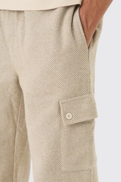 Elasticated Waist Relaxed Herringbone Textured Cargo Trousers | BoohooMAN UK