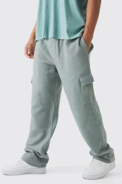 Elasticated Waist Relaxed Herringbone Textured Cargo Trousers | BoohooMAN UK