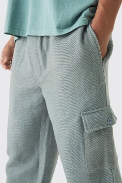 Elasticated Waist Relaxed Herringbone Textured Cargo Trousers | BoohooMAN UK