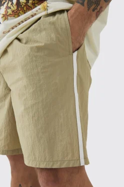 Elasticated Waist Side Piping Shell Shorts In Stone | BoohooMAN UK