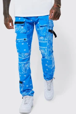Elasticated Waist Slim Fit Bandanna Print Cargo Trousers | BoohooMAN UK