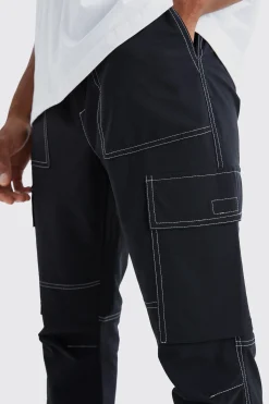 Elasticated Waist Slim Flare Contrast Stitch Cargo Trouser | BoohooMAN UK