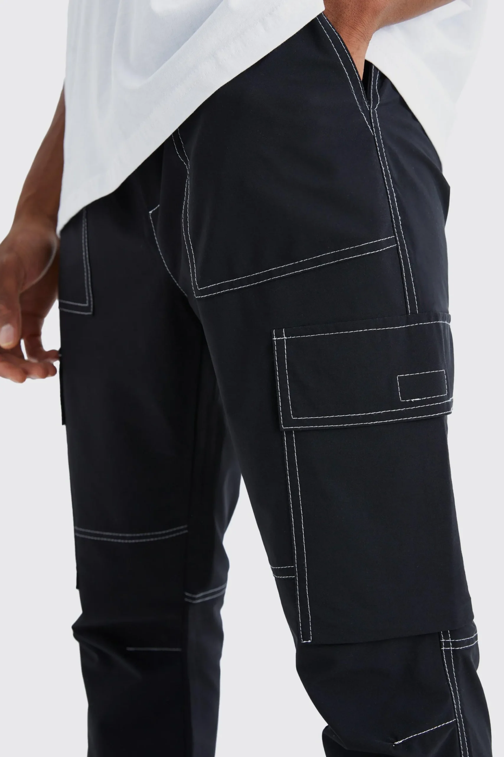 Elasticated Waist Slim Flare Contrast Stitch Cargo Trouser | BoohooMAN UK