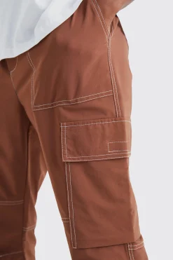 Elasticated Waist Slim Flare Contrast Stitch Cargo Trouser | BoohooMAN UK