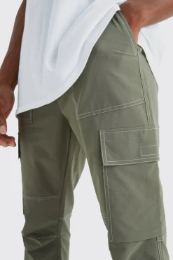 Elasticated Waist Slim Flare Contrast Stitch Cargo Trouser | BoohooMAN UK