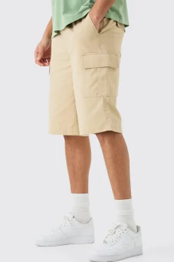 Elasticated Waist Stone Relaxed Fit Longer Length Cargo Shorts | BoohooMAN UK