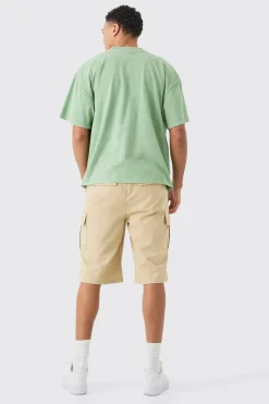 Elasticated Waist Stone Relaxed Fit Longer Length Cargo Shorts | BoohooMAN UK