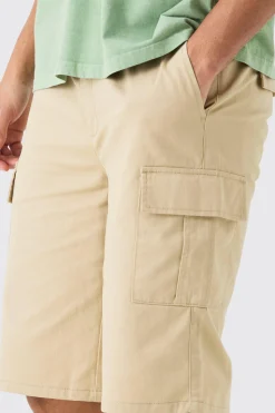 Elasticated Waist Stone Relaxed Fit Longer Length Cargo Shorts | BoohooMAN UK