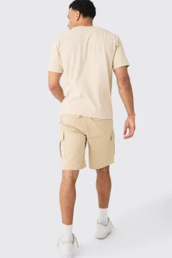 Elasticated Waist Stone Relaxed Fit Cargo Shorts | BoohooMAN UK