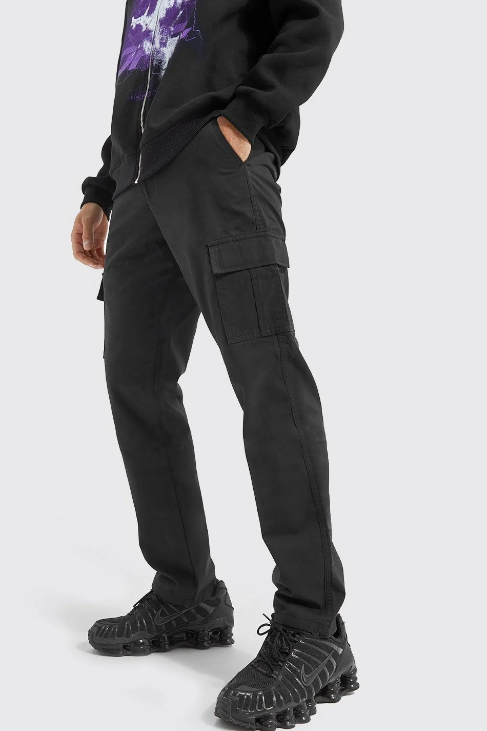 Elasticated Waist Straight Leg Twill Cargo Trouser | BoohooMAN UK