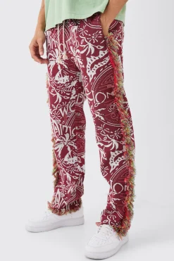 Elasticated Waist Straight Leg Frayed Tapestry Trouser | BoohooMAN UK