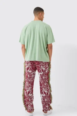 Elasticated Waist Straight Leg Frayed Tapestry Trouser | BoohooMAN UK