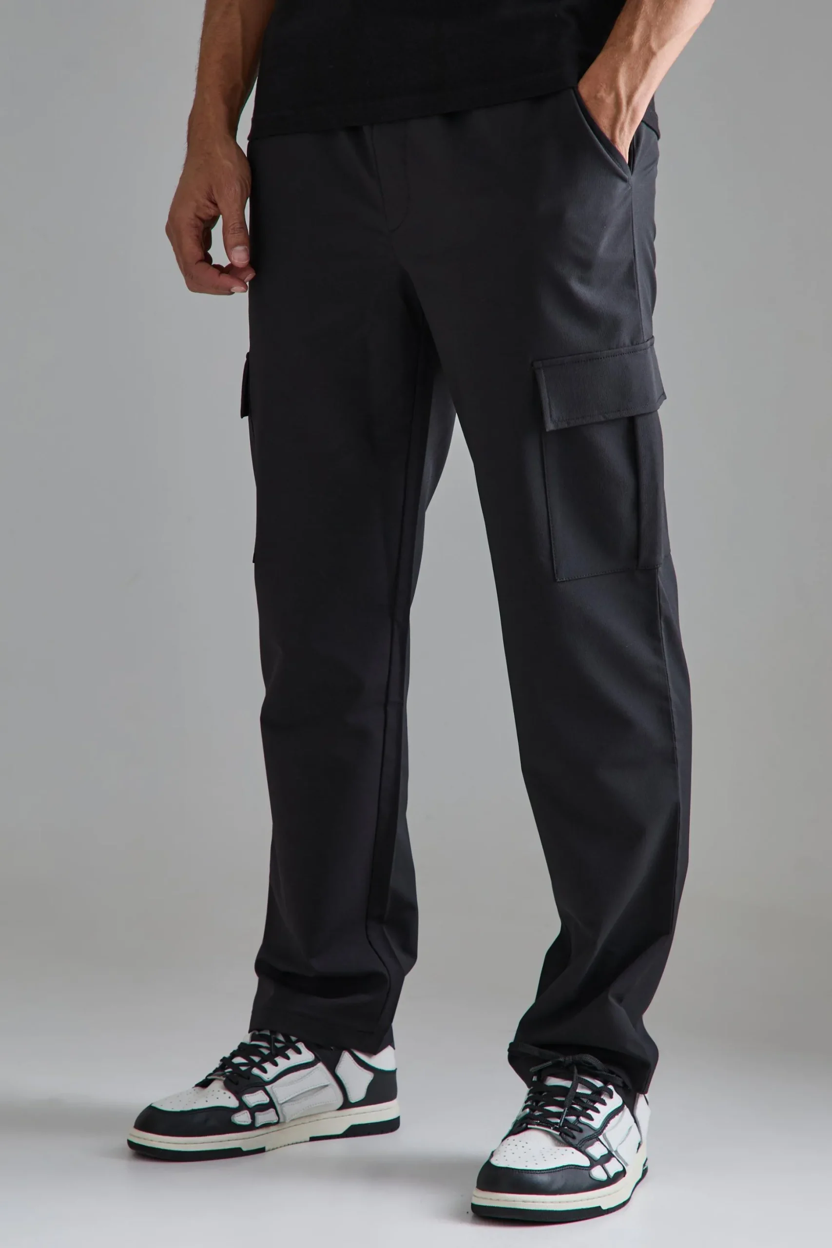 Elasticated Waist Straight Leg Cargo Smart Trousers | BoohooMAN UK