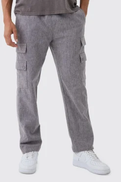 Elasticated Waist Straight Leg Heavy Slub Cargo Trousers | BoohooMAN UK