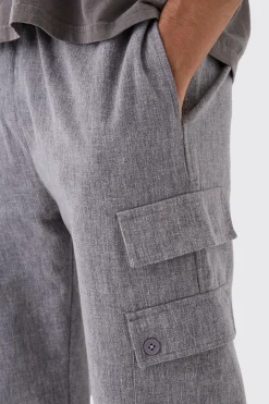 Elasticated Waist Straight Leg Heavy Slub Cargo Trousers | BoohooMAN UK