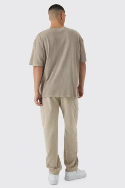 Elasticated Waist Straight Leg Heavy Slub Cargo Trousers | BoohooMAN UK