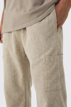 Elasticated Waist Straight Leg Heavy Slub Cargo Trousers | BoohooMAN UK