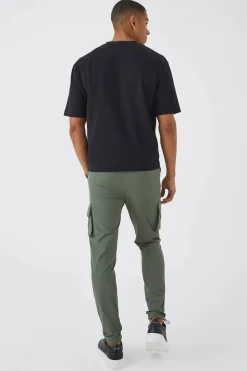 Elasticated Waist Technical Stretch Skinny Cargo Trouser | BoohooMAN UK