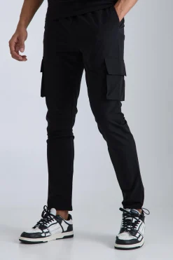 Elasticated Waist Technical Stretch Skinny Cargo Trouser | BoohooMAN UK