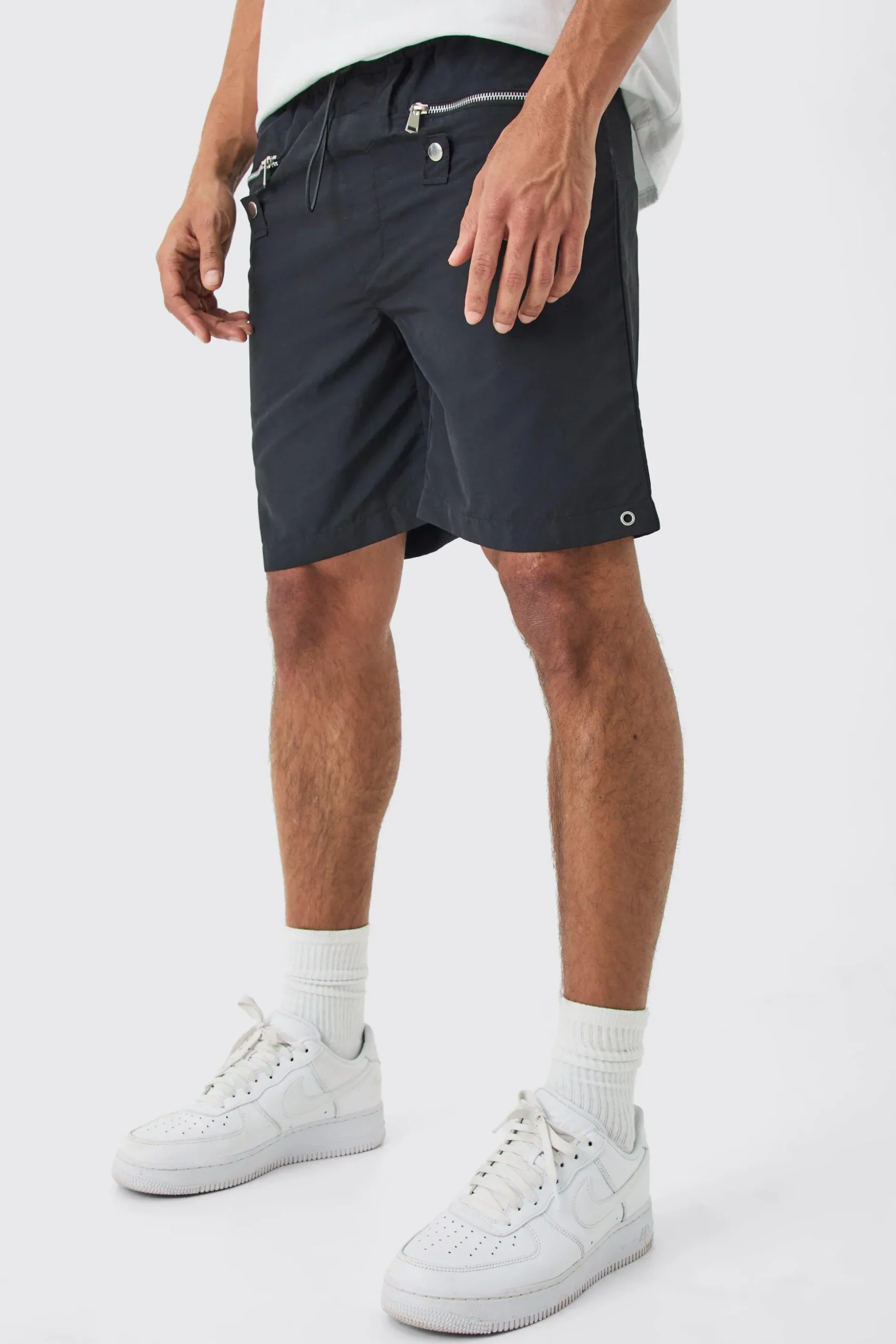 Elasticated Waist Zip Detail Relaxed Shell Short | BoohooMAN UK