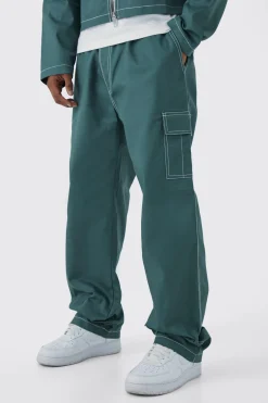 Elasticated Waistband Twill Contrast Stitch Relaxed Cargo | BoohooMAN UK