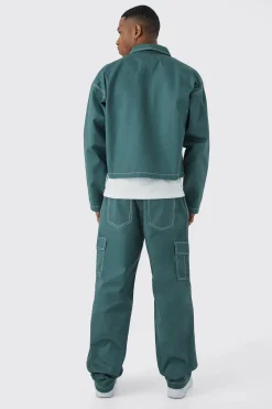 Elasticated Waistband Twill Contrast Stitch Relaxed Cargo | BoohooMAN UK