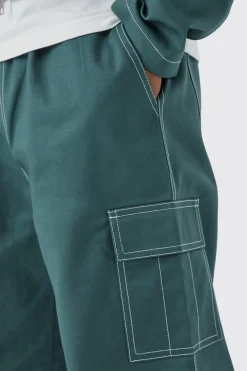 Elasticated Waistband Twill Contrast Stitch Relaxed Cargo | BoohooMAN UK