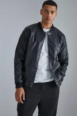 Embossed Pu Varsity Jacket With Badge | BoohooMAN UK