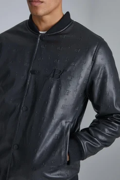 Embossed Pu Varsity Jacket With Badge | BoohooMAN UK