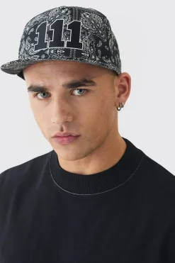 Embroidered Bandana Print Snapback In Black | BoohooMAN UK